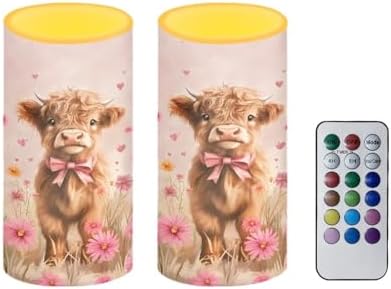Valentines Day Flameless Candles Waterproof Battery Operated Candles with Timer Pack of 2 Pink Daisy Highland Cow Print LED Pillar Lights for Dining Table Decorations by Merkmak
