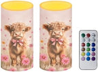 Valentines Day Flameless Candles Waterproof Battery Operated Candles with Timer Pack of 2 Pink Daisy Highland Cow Print LED Pillar Lights for Dining Table Decorations by Merkmak