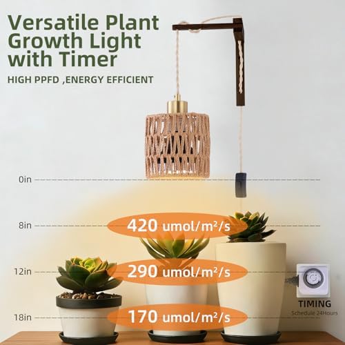 Hanging Grow Lights for Indoor Plants - 35W 4000K Full Spectrum Plant Light, Wall Mounted Grow Light with Wooden Bracket, Timer, 15FT Power Cord, Ideal for Plants, Flowers & Home Decor - Image 3