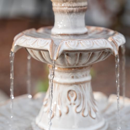 XBrand 47" H 3-Tier Freestanding Outdoor Ceramic Water Fountain with Leaf Details for Patio, Yard and Garden Decor, Beige with Pump for Outdoor Spaces - Image 3