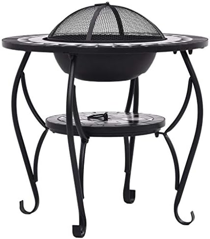 26.8 Inch Mosaic Fire Pit Table for Outdoor Patio, Steel Wood Burning Firebowl with Ceramic Tile Surface, Safety Mesh Cover and Poker Tool - Image 6