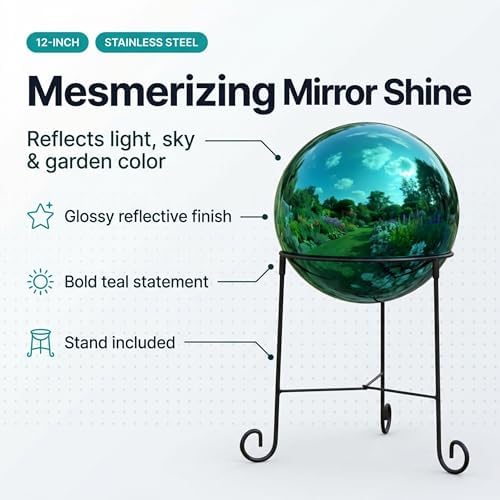Lulu Decor, Light Green Stainless Steel Gazing Mirror Ball Size 12 with Stand - Image 5