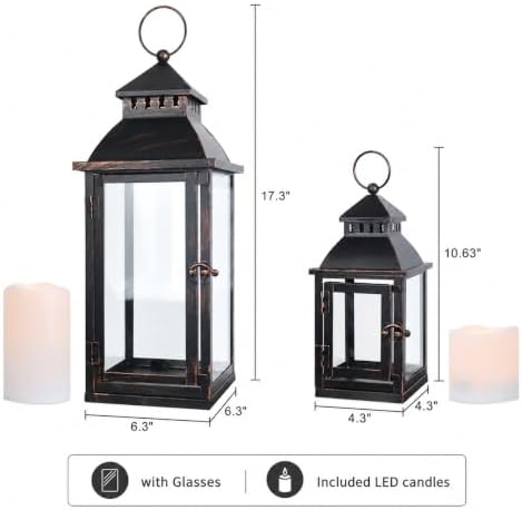 NEEDOMO Lanterns Decorative Outdoor&Indoor, Set of 2 Large Bronze Metal Lantern Decor with Glass, Candle Holder for Porch, Patio, Garden, Balcony, Wedding, Table Centerpiece Decor with LED Candles - Image 6