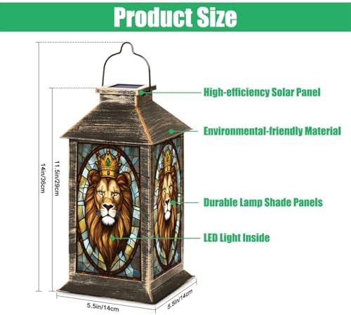 Solar Lantern Majestic Lion Golden Crown Stained Glass Style Wildlife Art Outdoor Waterproof Hanging Solar Light Outside Lights for Patio Yard House Lawn Decor Birthday Gifts for Women Mom - Image 2