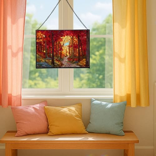 Path Through Glowing Autumn Forest Rectangular Stained Glass Suncatcher – Hanging Window Panel with Animal & Nature Scene – Vibrant Glass Art Gift for Wildlife, Fantasy, Nature Lovers s7FLYi - Image 5