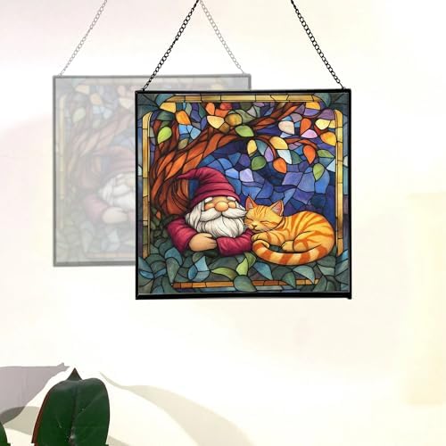Gnome and Cat Nap Stained Glass Suncatcher – Square Hanging Window Panel for Home or Greenhouse – Whimsical Glass Art Gift for Garden Lovers, Christmas, Halloween, Father Days YLlkJi - Image 4