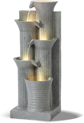 Grepatio Outdoor 5-Tiers Cascading Water Fountain, Garden Waterfalls Fountain with LED Lights, 24" H Modern Indoor Floor Standing Water Fountains with Pump for Patio, Yard, Deck Decor (Light Grey) by Takesyoutohaveawonderfullife
