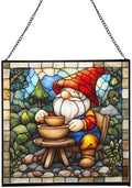 Gnome with Pottery Stained Glass Suncatcher – Square Hanging Window Panel for Home, Garden, Nursery, Halloween, Christmas, Memorial Day – Whimsical Glass Art Gift for Gnome Lovers pcknl0 by Custom