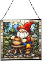 Gnome with Pottery Stained Glass Suncatcher – Square Hanging Window Panel for Home, Garden, Nursery, Halloween, Christmas, Memorial Day – Whimsical Glass Art Gift for Gnome Lovers pcknl0 by Custom