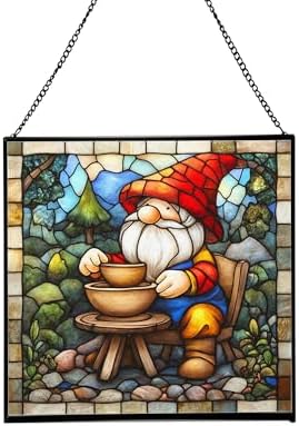 Gnome with Pottery Stained Glass Suncatcher – Square Hanging Window Panel for Home, Garden, Nursery, Halloween, Christmas, Memorial Day – Whimsical Glass Art Gift for Gnome Lovers pcknl0 by Custom