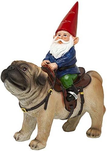 Funny Guy Mugs Garden Gnome Statue - Gnome Riding a Pug - Indoor/Outdoor Garden Gnome Sculpture for Patio, Yard or Lawn by FunnyGuyMugs