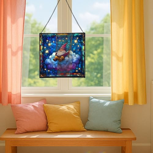 Cloud Gnome Swing Stained Glass Suncatcher – Square Hanging Window Panel for Home or Greenhouse – Whimsical Glass Art Gift for Garden Lovers, Christmas, Halloween, Father Days MPT6CG - Image 5