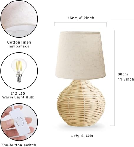 Rattan Small Table Lamp, Boho Farmhouse Style, Cotton Linen Lamp Shade, 6.2×6.2×11.8 Inch, with E12 LED Warm Light Bulb - Image 2