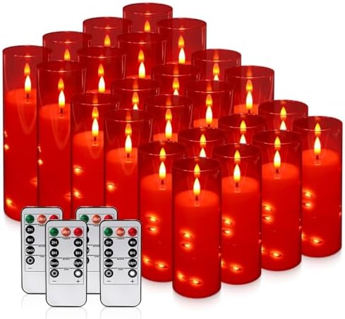 24-Pack Flameless LED Candles with Star String Lights - Red Acrylic Pillar, Realistic Flickering, Remote Control & Timer for Home Decor, Wedding, Christmas by Aamdkcyu