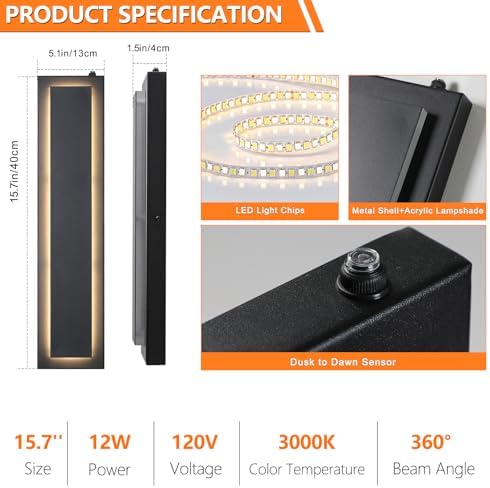 15.7'' Dusk to Dawn Outdoor Lights Modern LED Exterior Wall Lights, Black - Image 5