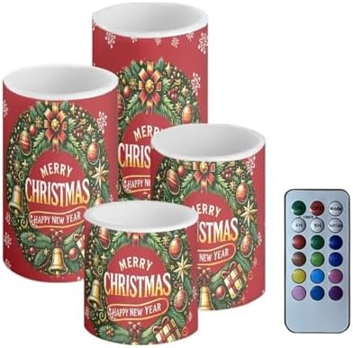 GLENLCWE Merry Christmas Pattern Flameless Light Candles Battery Powered with Timer Remote Color Chaging Pillar Fake Candles Pack of 4 for Wedding Home Outdoor Decor by GLENLCWE