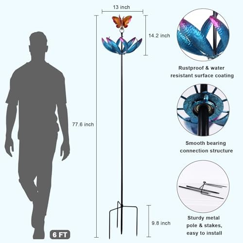 hogardeck Large Wind Spinners Outdoor, 77.6" Metal Butterfly Tulip Wind Spinner with Heavy-Duty Stakes, Multi-Color 360° Rotating Wind Sculptures Kinetic Yard Art for Home Garden Lawn Patio Decor - Image 3