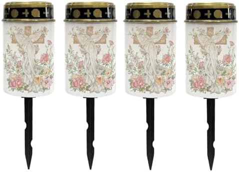 Poceacles Cross Grave Lights for Cemetery Solar Lights for Grave Solar Candle Solar Lantern Light Walkway Lights Waterproof Landscape Lighting for Loss of Mom Dad, Floral Cross White, Pack of 4 by Poceacles