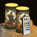 Halloween Set of 2 Flameless Candles Bulk Battery Operated Candles with Timer Remote, Black Cat Pumpkin Print LED Pillar Lights for Trick or Treat Party Decorations - Image 5
