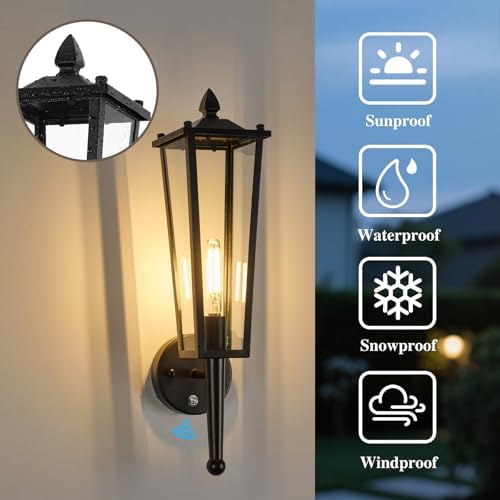 Outdoor Wall Light Fixtures, 20" Large Dusk to Dawn Front Porch Lights Waterproof with Clear Glass, Black Exterior Wall Mount Sconce Outside Lighting for Garage Porch House, OS-OD2615-1WM - Image 4