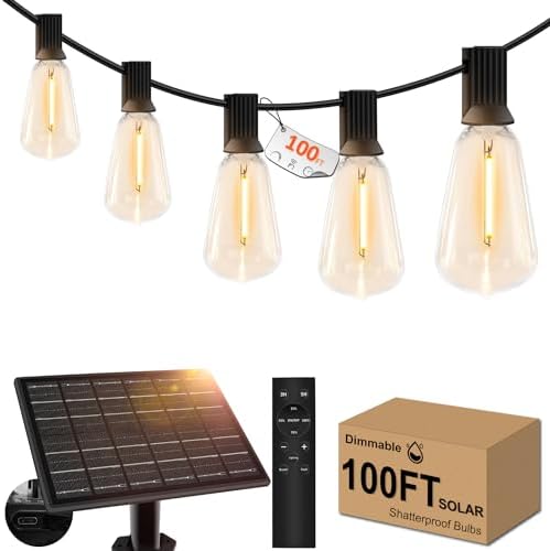 100ft Solar Outdoor String Lights with Remote - USB Rechargeable Solar Powered Outdoor Patio Lights, Larger 3.5W Solar Panel , Timer, Dimmable Shatterproof ST38 Bulbs for Backyard, Porch, Garden, Pool by GHUSTAR