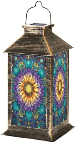 Stained Glass Style Solar Lantern Outdoor Garden Hanging Lantern Sunflower Stained Glass Spring Color Mosaic Design Waterproof Solar Powered Lighting Outside Table Lamp for Patio Deck Yard Camping by Unknown