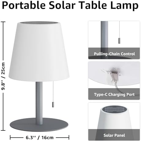 uuffoo Solar Lamp Outdoor Waterproof 8 Colors Rechargeable Cordless, Eye-Caring Dimmable Solar Lights LED Battery Operated Portable for Indoor Outdoor Garden Patio (Gray) - Image 6