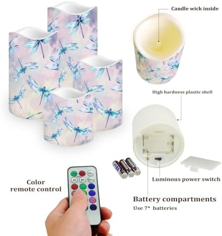 Dragonfly Candle with Remote Control Electric LED Pillar Candle Timer Color Changing Long Lasting 4 Pcs Battery Candles - Image 3