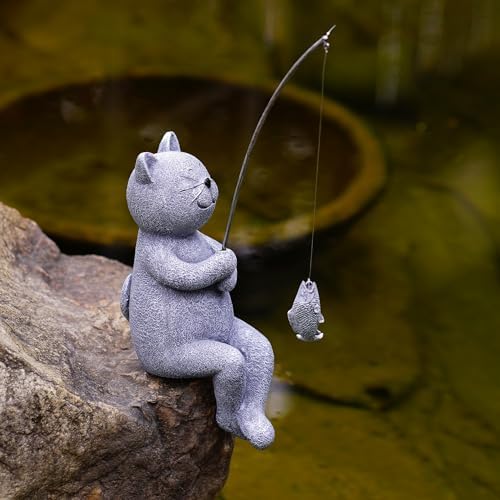 Goodeco Fishing Cat Garden Statue – 10" Poolside Statue with Glow Pebbles - Image 6