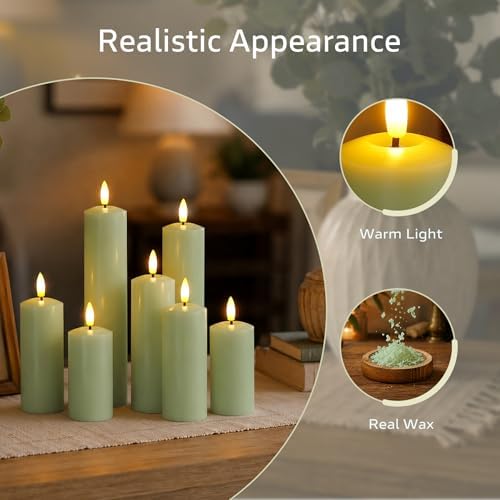 Pack of 9 Real Wax Pillars Flameless Candles with Remote, 400H Battery Operated Flickering LED 3D-Wick Warm Lights, 2/4/6/8H Timer for Home Decor(2" x 4" 4" 5" 5" 6" 6" 7" 8" 9" Sage Green) - Image 2