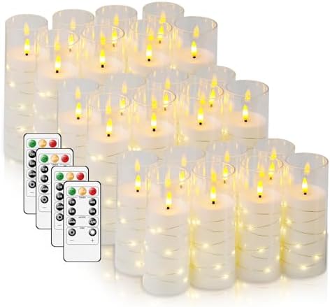 Flameless LED Candles with Timer 24 Pc Flickering Flameless Candles for Romantic Ambiance and Home Decoration Stable Acrylic Shell,with Embedded Star String，Battery Operated Candles（White） by FLAMELESSCANDLES