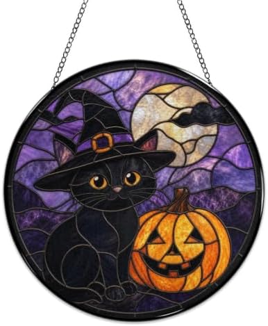 Blact Cat Witch Hat Halloween Stained Glass Suncatcher 9.8" Colorful Window Hanging Ornament, Retro Sun Catcher Decor with Chain for Home Wall Garden Birthday Christmas Mothers Day - Image 4