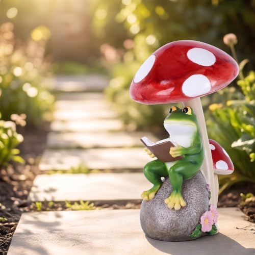 WUBIANJIE Frog Mushroom Garden Statue Lighted Resin Outdoor Decor Hand Painted Reading Frog Figurine Under Toadstool with Rock Base for Yard Lawn Patio Porch Flower Bed Accent - Image 5