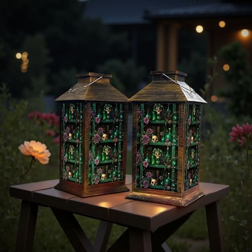 Solar Lantern Outdoor Garden Hanging Lantern Dark Green Shelf Skulls Vintage Books Purple Flowers Gothic Waterproof Solar Powered Lighting Outside Table Lamp for Patio Deck Yard Camping - Image 6