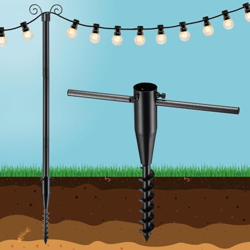 10FT String Light Poles with Spiral Ground Stakes, 38mm Adjustable Height Rustproof Metal Posts for Garden Lawn Patio, Christmas Wedding Party Outdoor Decoration (Black, 1 Pack) by EUIJOIP