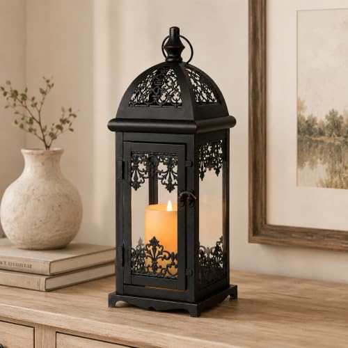 JHY DESIGN 15" High Decorative Candle Lantern Metal Candle Holder Vintage Hanging Lantern with Tempered Glass for Indoor Outdoor Home Living Room Wedding Party Patio Porch Decor (Black with Red Brush) by JHYDESIGN