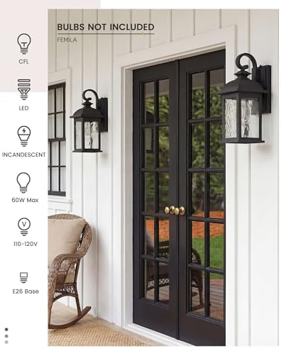 FEMILA Dusk to Dawn Exterior Wall Sconce, 15" Front Porch Light Fixtures Wall Mount for Patio, Garage, Garden, UL Listed, Matte Black Water Ripple Glass, 4FD54B-PC BK-WP - Image 6