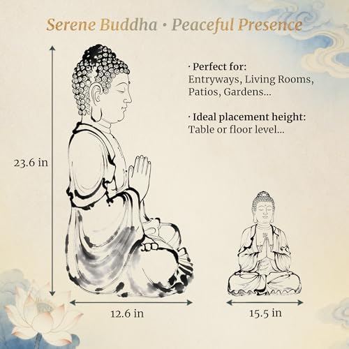 Sculptures Buddha Statue, Garden Statues 23.6 Inch Tall, Large Magnesium Oxide Buddha Sculpture Indoor & Outdoor, Statue for Home Decor Yard Porch Patio, Dark Gray with Gold Accents - Image 6