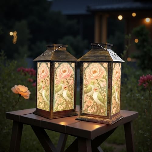 Solar Lantern Outdoor Garden Hanging Lantern Pastel Lovebirds Perched Spring Pink Peonies Elegant Botanical Waterproof Solar Powered Lighting Outside Table Lamp for Patio Deck Yard Camping - Image 6