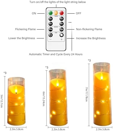 Eebuss Flameless Candles with Embedded Star String, Battery Operated LED Pillar Candles with Timer and Remote Control,Home Decorating for Ambiance， Set of 9 (Gold) - Image 2