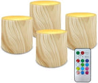 Pack of 4 Flameless Candles with Remote Battery Operated Candles with Timer Flickering LED Elictric Pillar Tealights for Indoor Outdoor Home Table Decorations, Wood Grain Print by Merkmak