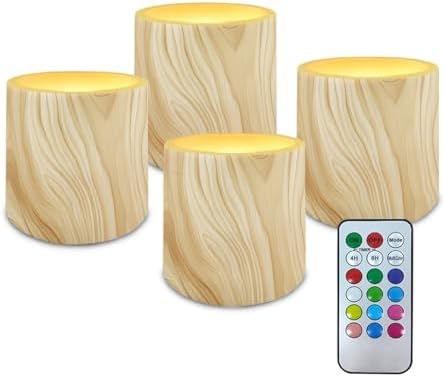 Pack of 4 Flameless Candles with Remote Battery Operated Candles with Timer Flickering LED Elictric Pillar Tealights for Indoor Outdoor Home Table Decorations, Wood Grain Print by Merkmak