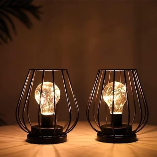 TRIROCKS Set of 12 Metal Battery Operated Lamp 7'' Tall mini Cage Shape Cordless Table Lamp Battery Lanterns with Warm Fairy Lights Bulb for Patio Garden Wedding Parties Indoor Outdoor(Black) - Image 5