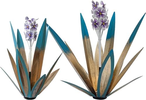 Metal Agave Plant Garden Art, 2 Pack Tequila Rustic Sculpture, Rustic Metal Agave Plants Lawn Home Ornaments, for Yard Stakes, Garden Figurines, Outdoor Patio (2 PCS Purple Flowers) by LCJECV