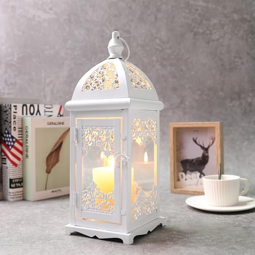 JHY DESIGN Filigree Decorative Candle Lantern 15''High Metal Candle Lanterns Vintage Style Hanging Lantern Decorations with Glass for Indoor Outdoor Events Parities Weddings (White) by JHYDESIGN