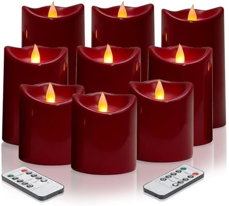 3 Pack Flameless Candles with Remote & Timer Ivory Outdoor Waterproof Led Pillar Candles(D3“x H 4”/5”/6”), Battery Operated Candles for Home & Holiday Party Decor (Red, 9 Pack) by Unknown
