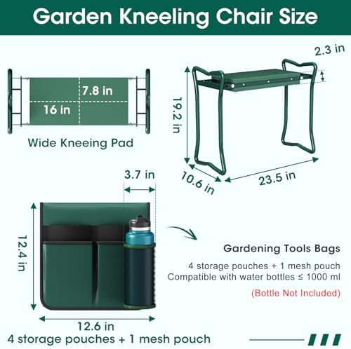 2-in-1 Garden Kneeler with Umbrella, Garden Kneeling Bench & Green Umbrella, Portable Garden Stool Loads Capacity 330lb and Garden Tools Bag with bottle holder, Gardening Gifts for Women,Men,Seniors - Image 6