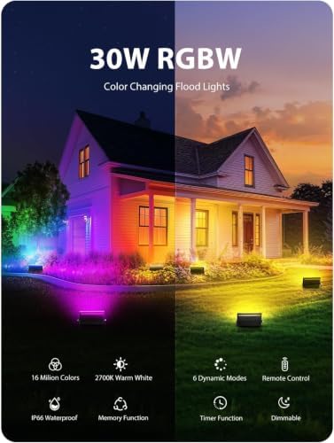 Onforu LED Flood Light Outdoor 300W Equivalent, 30W Color Changing RGBW Floodlight with Remote, 2700K Warm White IP66 Stage Lighting Indoor Uplights for Events, Uplighting for Party 4 Pack - Image 2