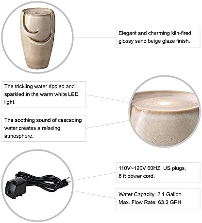 Glitzhome 21.25" H Ceramic Vase Outdoor Water Fountain Tall Patio Garden Water Fountain with LED Light and Submersible Pump Yard Art Decor, Sand Beige - Image 3