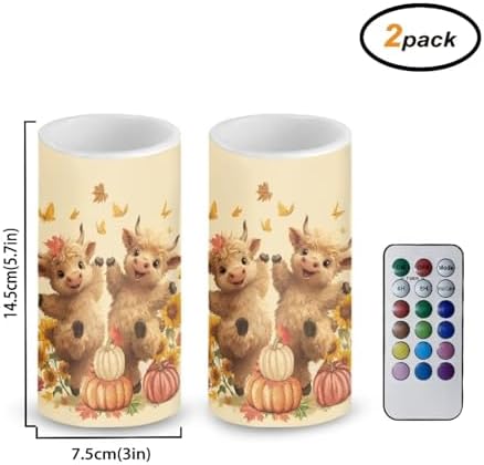 Pack of 2 Flameless Candles with Timer Battery Operated Candles with Remote Thanksgiving Day Flameless Pillar Lights for Autumn Theme Home Decoration, Pumpkin Highland Cow - Image 2
